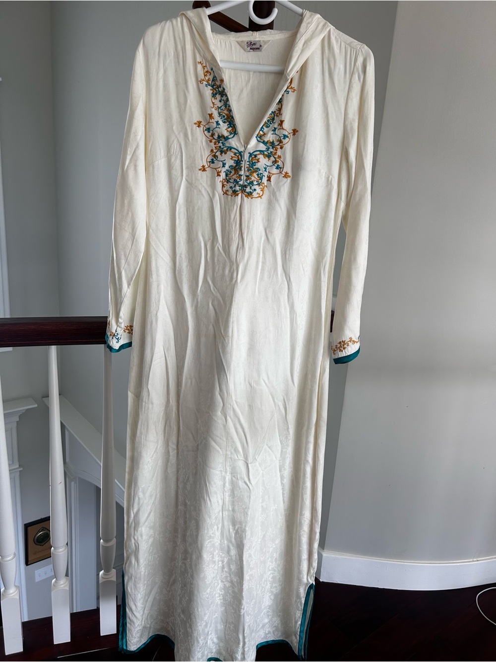 Embroidered V-Neck Long Sleeve Maxi Dress in Ivory with Teal Accents